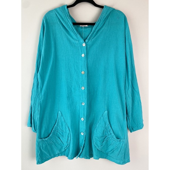 Oh My Gauze! Tops - Oh My Gauze Womens Button Front Hoodie S/M Blue‎ Coastal Tunic Lightweight